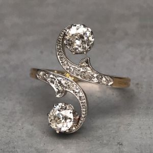 Two Tone Vintage Milgrain swirly White Round Engagement Ring