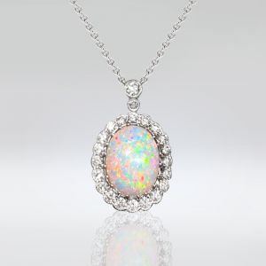 Elegant Milgrain Halo Oval Cut Opal Pendant Necklace