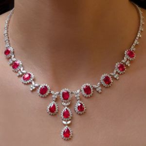 Luxury Halo Pear & Oval Cut Ruby Sapphire Triple Pendant Necklace