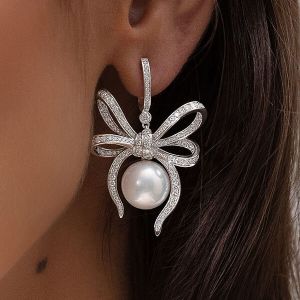 Elegant Bow Design Round Cut Pearl Sliver Drop Earrings For Women