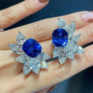 Elegant Cushion & Pear Cut Blue & White Sappire Stud Earrings For Women