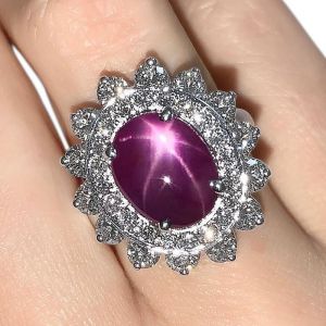 White Halo Oval Cut Ruby Star Sapphire Engagement Ring Star Ruby Ring