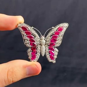 Milgrain Marquise Cut White & Ruby Sapphire Butterfly Brooch For Women