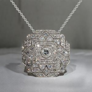 Art Deco Round Cut White Sapphire Silver Pendant Necklace For Women