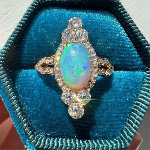 Golden Oval Cut Opal & White Sapphire Vintage Engagement Ring For Women