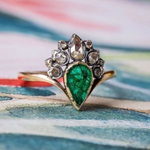 Two Tone Pear Cut White & Emerald Sapphire Engagement Ring For Women