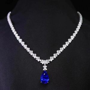Fashion Pear Cut White & Blue Sapphire Pendant Necklace For Women