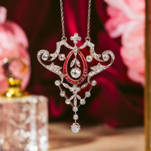 Two Tone Round Cut White & Ruby Sapphire Pendant Necklace For Women