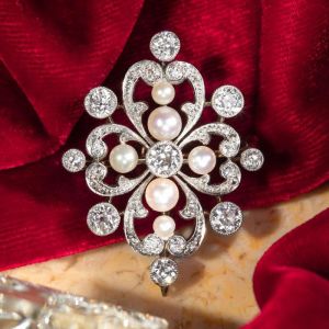 Round Cut Pearl & White Sapphire Silver Vintage Brooch For Women
