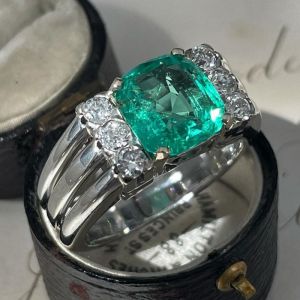 Art Deco Cushion Cut White & Emerald Sapphire Engagement Ring For Women