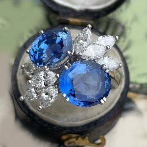 Unique Oval Cut White & Blue Sapphire Engagement Ring For Women