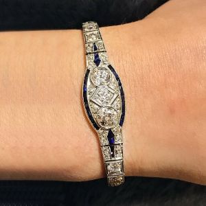 Halo Art Deco Milgrain Round Cut White & Blue Sapphire Bracelet For Women