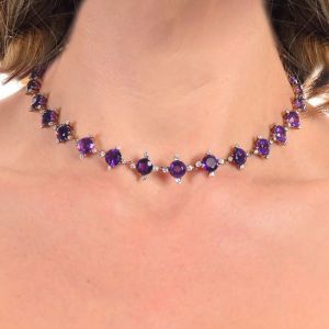 Vintage Golden Round Cut Amethyst Sapphire Tennis Necklace For Women