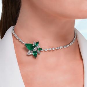 Pear Cut Emerald & White Sapphire Necklace For Women