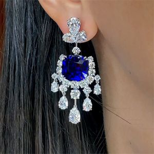 Fashion Cushion Cut Blue Sapphire Drop Earrings For Women