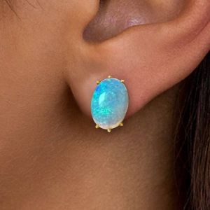 Vintage Golden Oval Cut Blue Opal Stud Earrings For Women