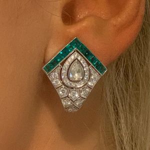 Art Deco Pear Cut Emerald & White Sapphire Stud Earrings For Women