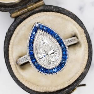 Halo Pear Cut Blue & White Sapphire Engagement Ring For Women