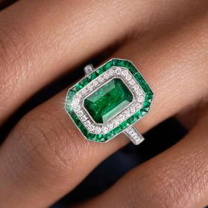Halo Emerald Cut Emerald Sapphire Engagement Ring For Women