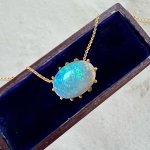 Vintage Golden Oval Cut Blue Opal Pendant Necklace For Women