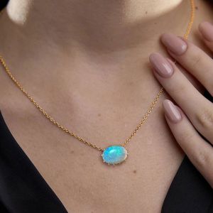 Vintage Golden Oval Cut Blue Opal Pendant Necklace For Women