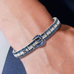 Art Deco Round Cut Blue & White Sapphire Bracelet For Women