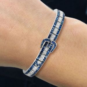 Art Deco Round Cut Blue Sapphire Bracelet For Women 