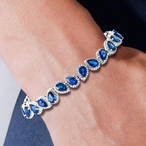 Halo Pear Cut Blue Sapphire Tennis Bracelet For Women