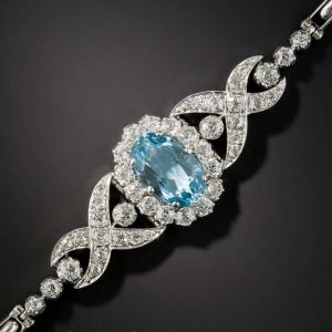 Halo Oval Cut Aquamarine Sapphire Bracelet For Women