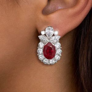 Halo Oval Cut Garnet Sapphire Stud Earrings For Women