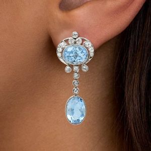 Art Deco Oval Cut Aquamarine Sapphire Drop Earrings For Women