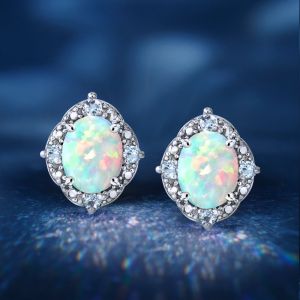 Halo Oval Cut Opal Stud Earrings For Women  