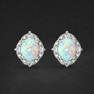 Halo Oval Cut Opal Stud Earrings For Women  