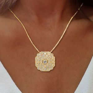 Golden Art Deco Round Cut White Sapphire Silver Pendant Necklace For Women