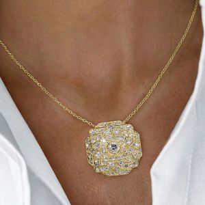Golden Art Deco Round Cut White Sapphire Silver Pendant Necklace For Women