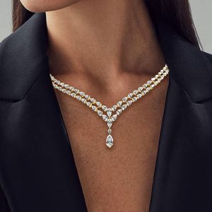 Golden Classic Two Row Pear Cut White Pendant Necklace Wedding Necklace For Women