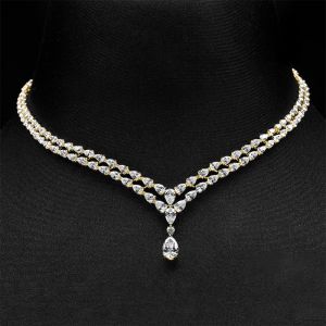 Golden Classic Two Row Pear Cut White Pendant Necklace Wedding Necklace For Women