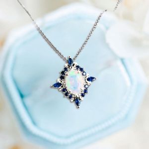 Halo Oval Cut Opal & Blue Sapphire Pendant Necklace Wedding Necklace For Women
