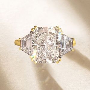 Golden Classic Three Stone White Sapphire Radiant Cut Engagement Ring For Women 
