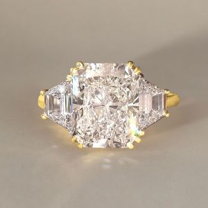 Golden Classic Three Stone White Sapphire Radiant Cut Engagement Ring For Women 