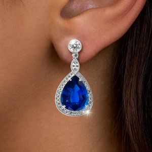 Halo Pear Cut Blue Sapphire Drop Earrings For Women