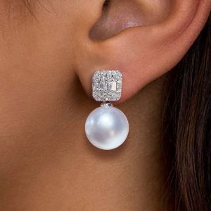 Stunning Round Cut Pearl & White Sapphire Drop Earrings For Women 