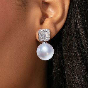 Stunning Round Cut Pearl & White Sapphire Drop Earrings For Women 