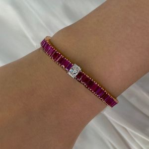 Rose Gold Emerald Cut Ruby Sapphire Tennis Bracelet For Women