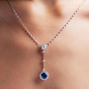 Halo Round Cut Blue Sapphire Pendant Necklace For Women