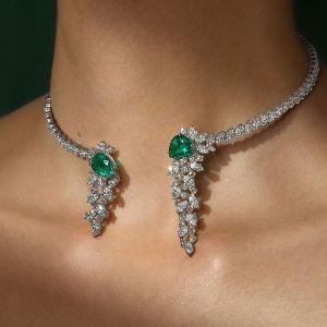 Open Design Pear Cut Emerald & White Sapphire Pendant Necklace For Women