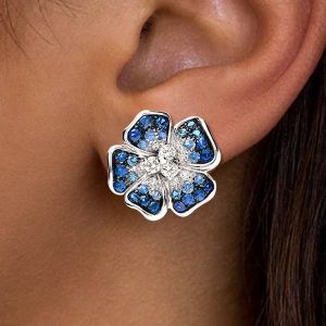 Two Tone Round Cut Blue Sapphire Flora Stud Earrings For Women