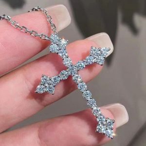 Classic Round Cut White Sapphire Cross Pendant Wedding Necklace For Women 