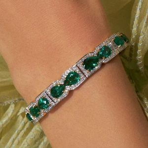 Classic Half Halo Two Tone Pear Cut Emerald Sapphire Bracelet For Women