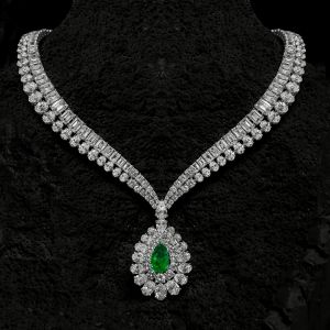 Elegant Double Halo Pear Cut Emerald Sapphire Pendant Necklace For Women